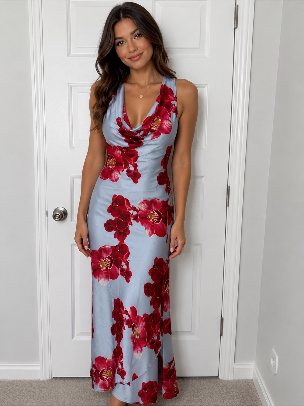 Light Blue Cowl Neck Maxi Dress with Red Floral Print